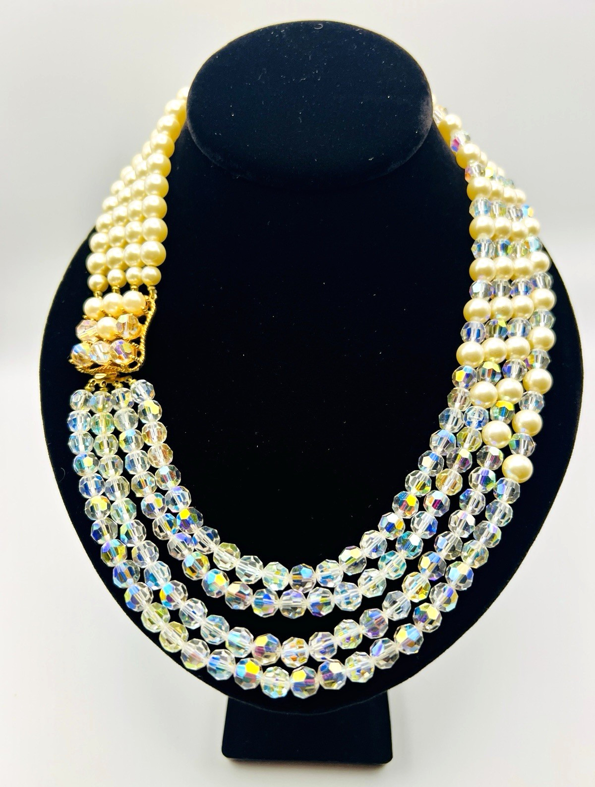Vintage Signed MARVELLA 4-Strand Faux Pearl AB Crystal Choker Statement Necklace