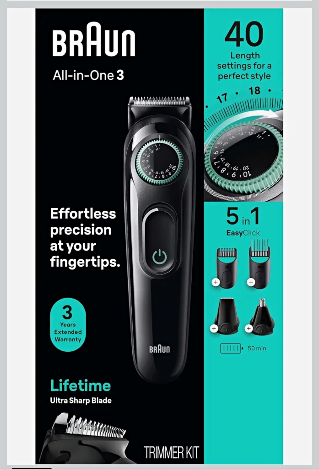 Braun All-in-One 3 Trimmer Kit 5-in-1, Battery Cordless Washable, 40 Settings