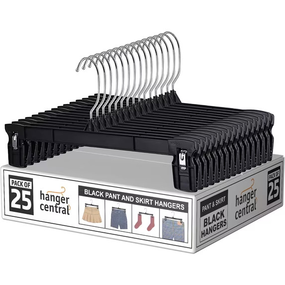 Hanger Central 25 Pack Black Plastic Pants Hangers with Extra Long Clips 12 inch