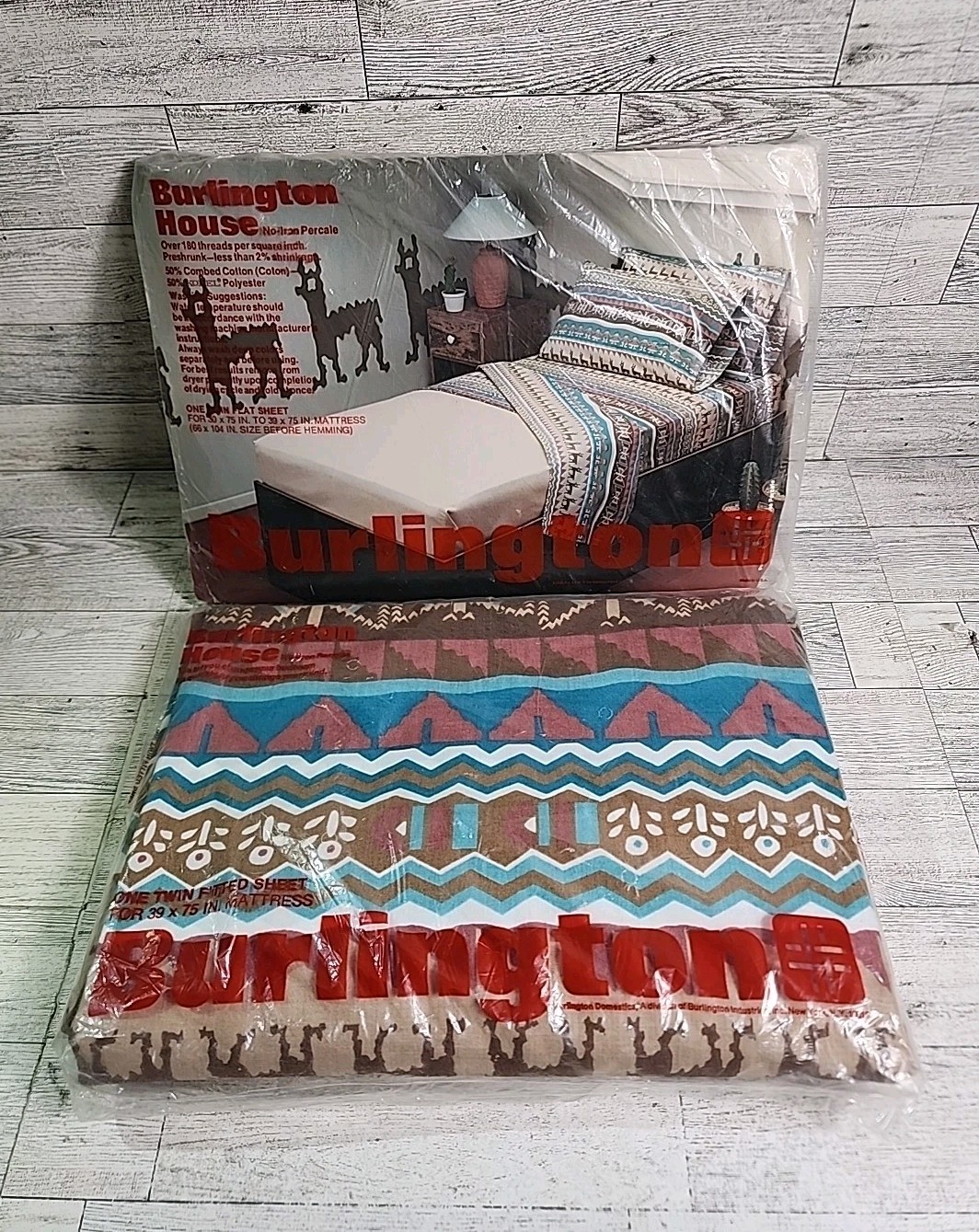 NEW Vintage Burlington House Twin Flat & Fitted Sheet Set 90s Southwest Aztec SW NEW Vintage Burlington House Twin Flat & Fitted Sheet Set 90s Southwest Aztec SW