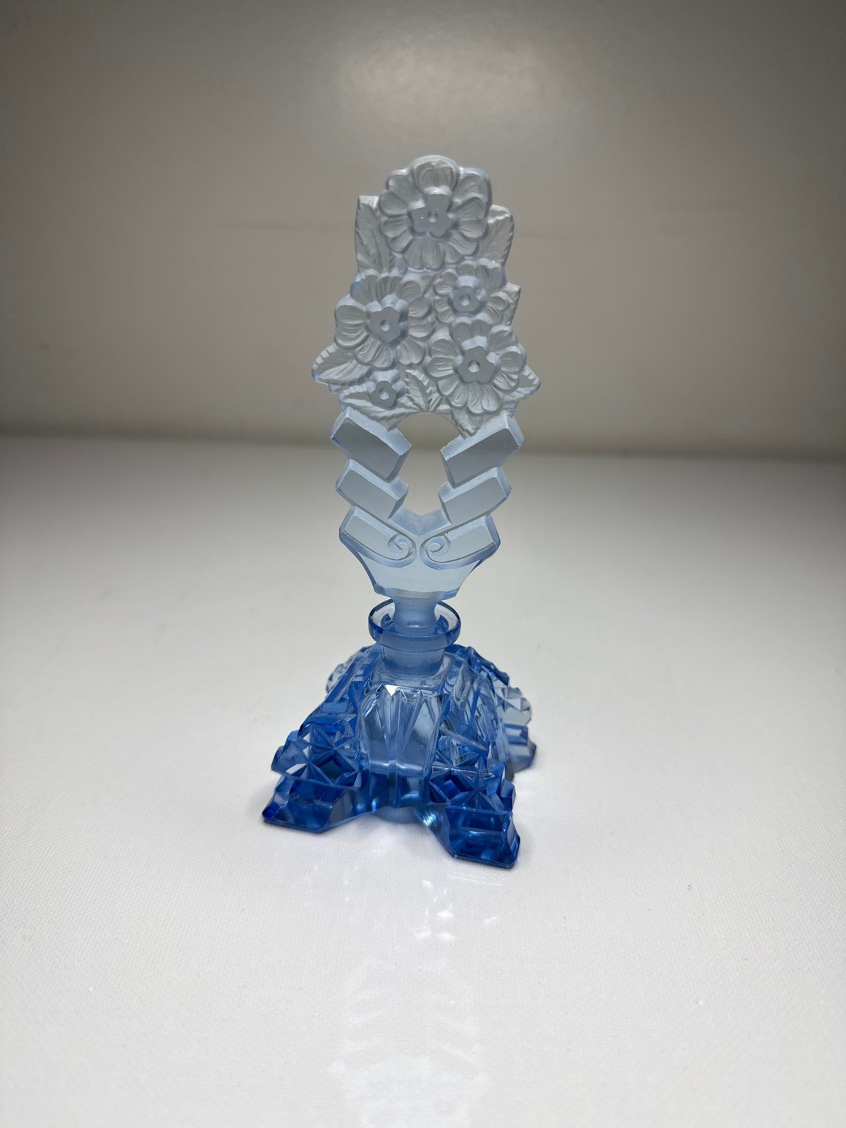 Vintage 1930s Czech Art Deco Blue Glass Perfume Bottle Floral Stopper Signed