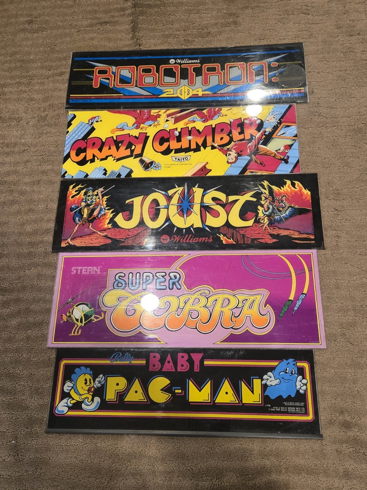 Lot Of 5x 1980s arcade marquee ORIGINAL Baby Pac Man, Joust, Crazy Climber, Etc Lot Of 5x 1980s arcade marquee ORIGINAL Baby Pac Man, Joust, Crazy Climber, Etc