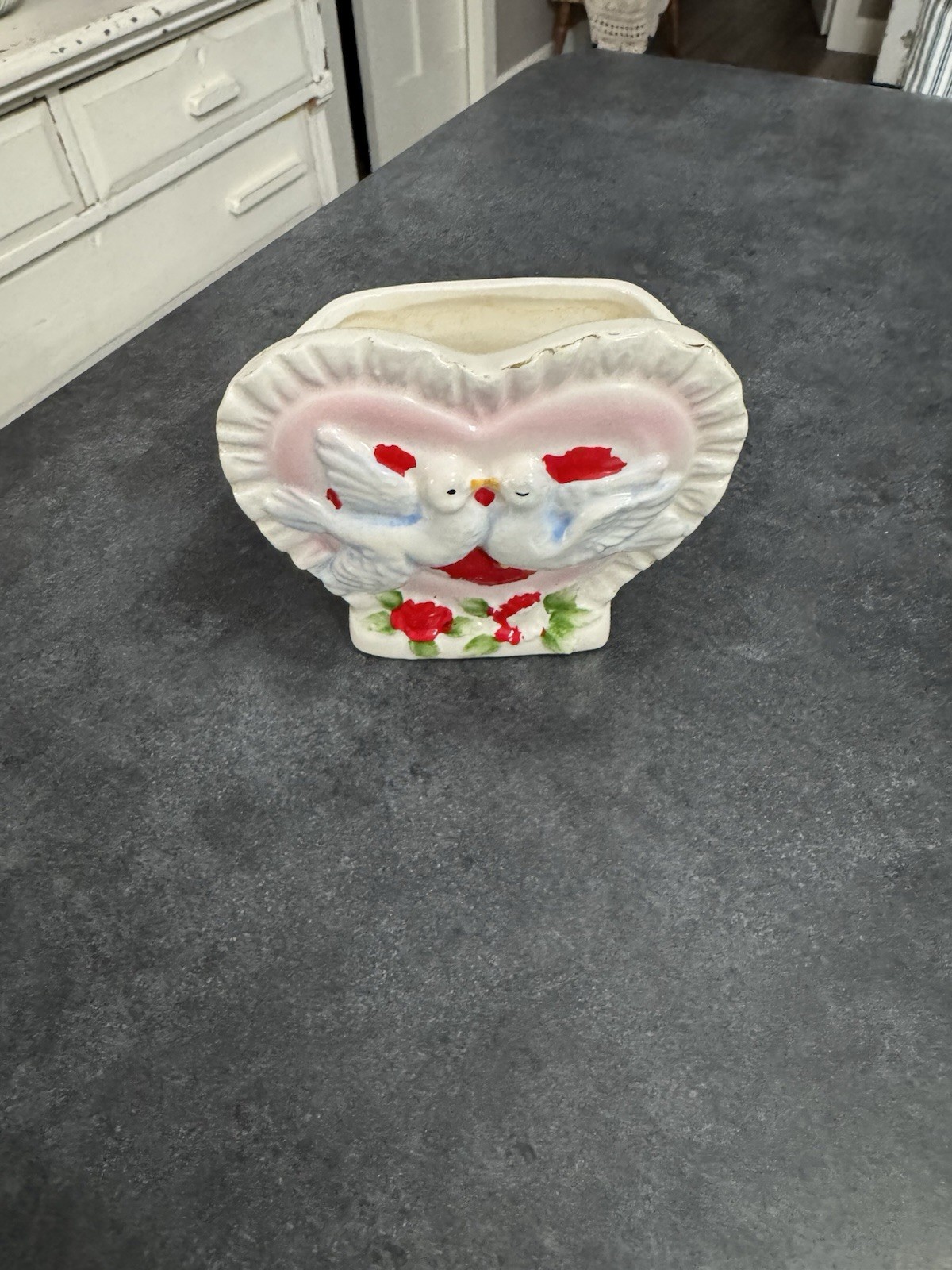 Vintage Lefton Ceramic Valentine's Day Planter, Love Birds, Heart Shaped Vintage Lefton Ceramic Valentine's Day Planter, Love Birds, Heart Shaped