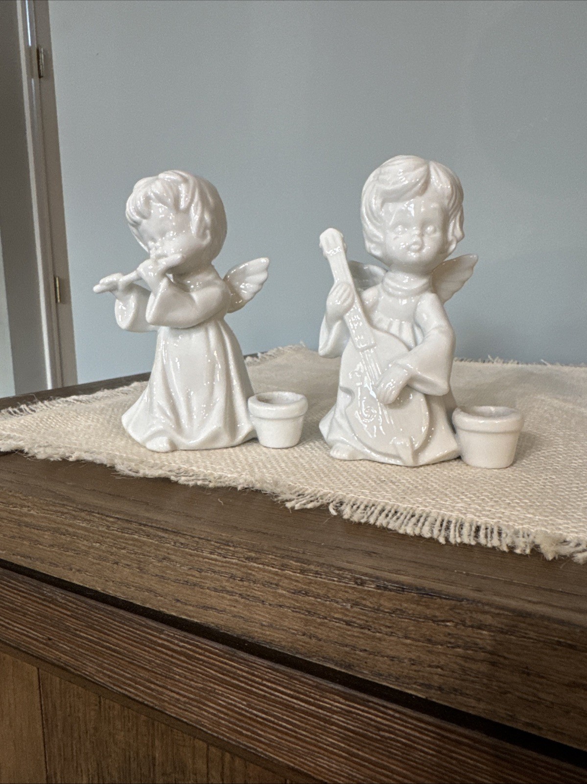 Kurt Adler Porcelain Angel Candle Holders, One Playing Base And One Flute