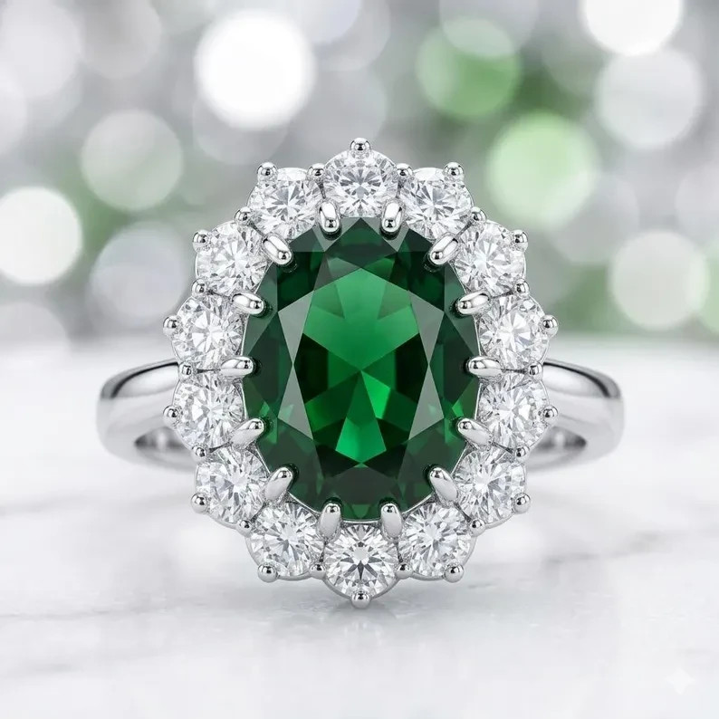 5.00 Ct Oval Cut Certified Natural Emerald & Diamond wedding Ring 14K White Gold