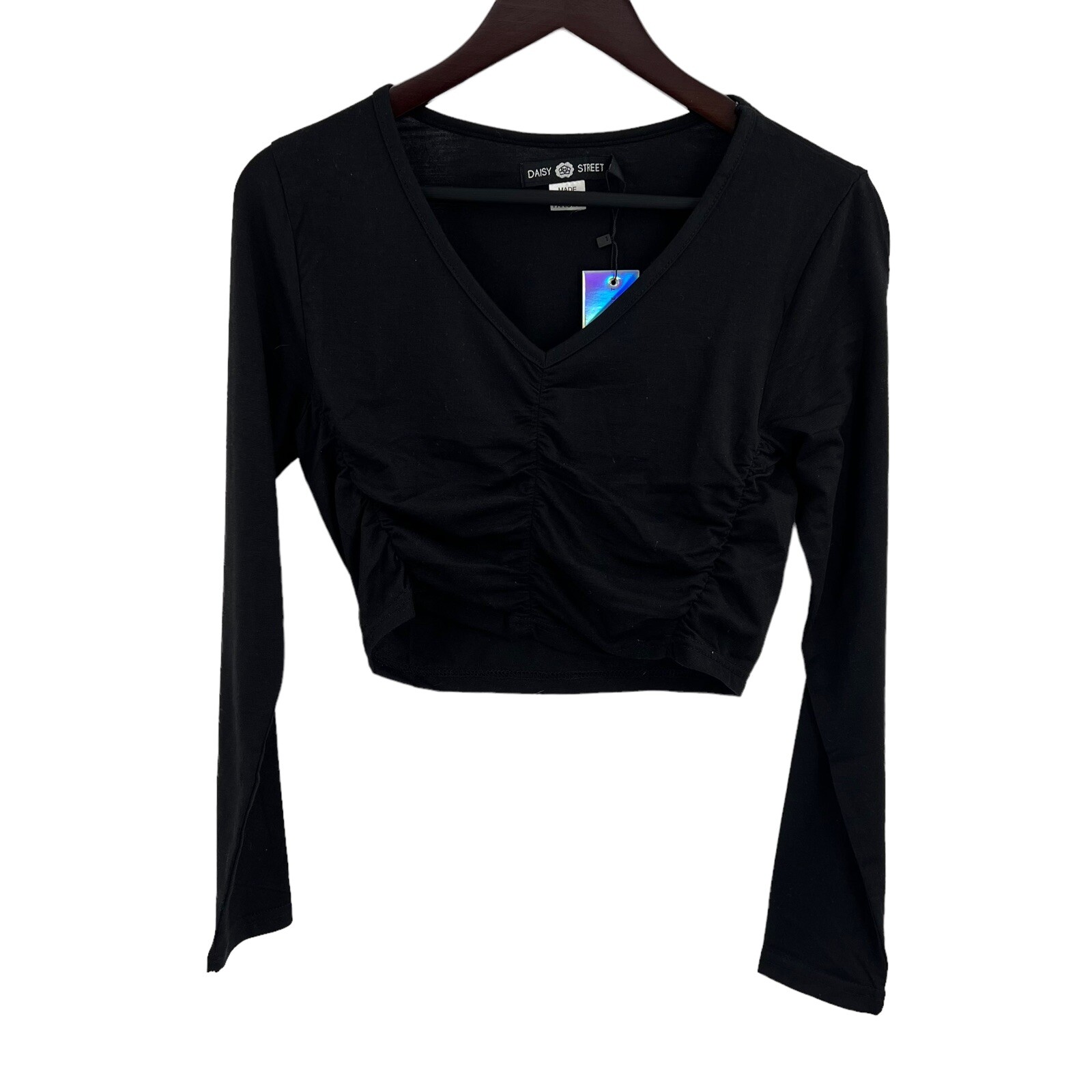 Daisy Street Black Long Sleeve Crop Ruched Front Size Small New Daisy Street Black Long Sleeve Crop Ruched Front Size Small New