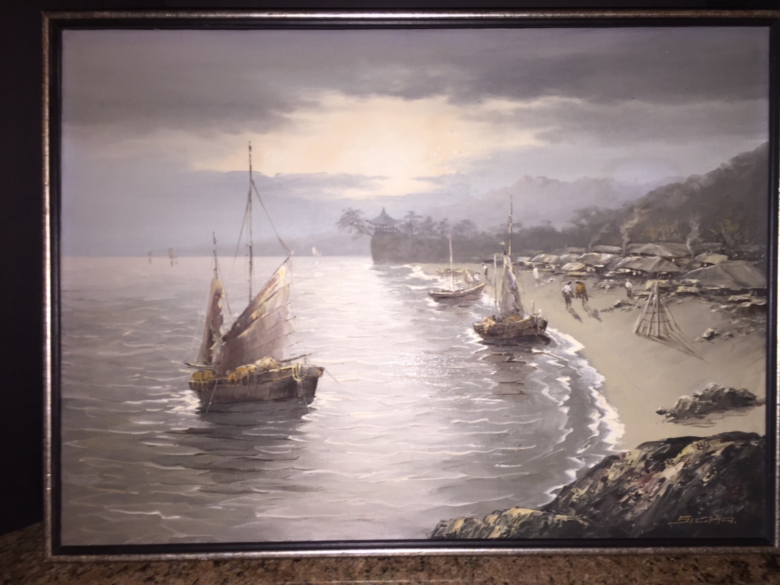 ORIGINAL ARTIST SIGNED OIL PAINTING OF ASIAN FISHING BOATS SIGNED SICHA ORIGINAL ARTIST SIGNED OIL PAINTING OF ASIAN FISHING BOATS SIGNED SICHA