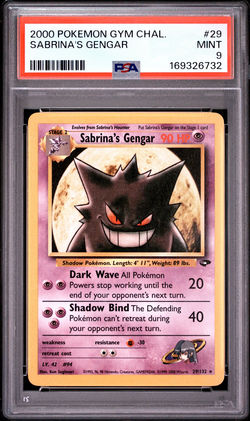 2000 POKEMON GYM CHALLENGE #29 SABRINA\'S GENGAR PSA 9