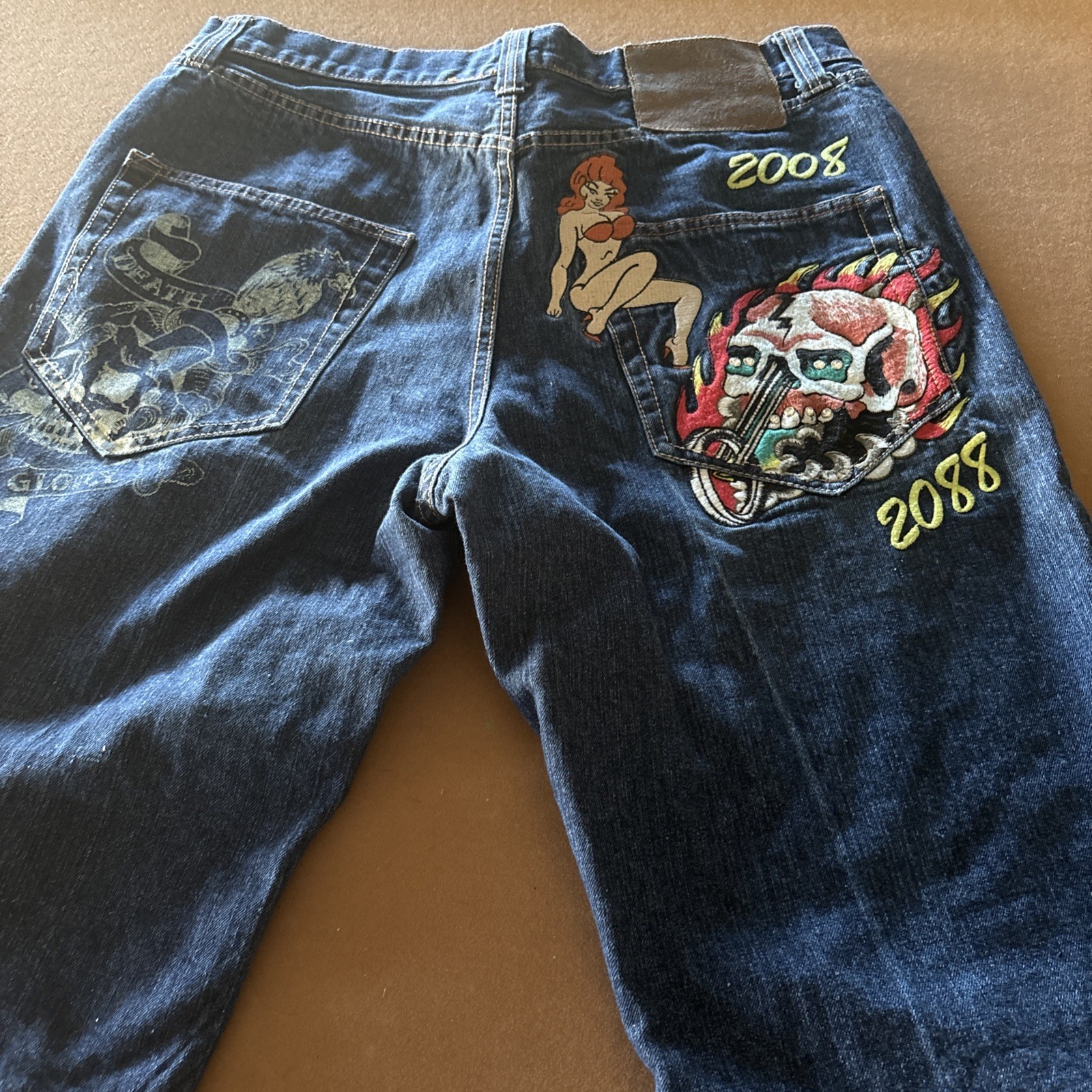 Ed Hardy by Christian Audigier Flaming Skull Shorts Embroidered Skull Lady Flame