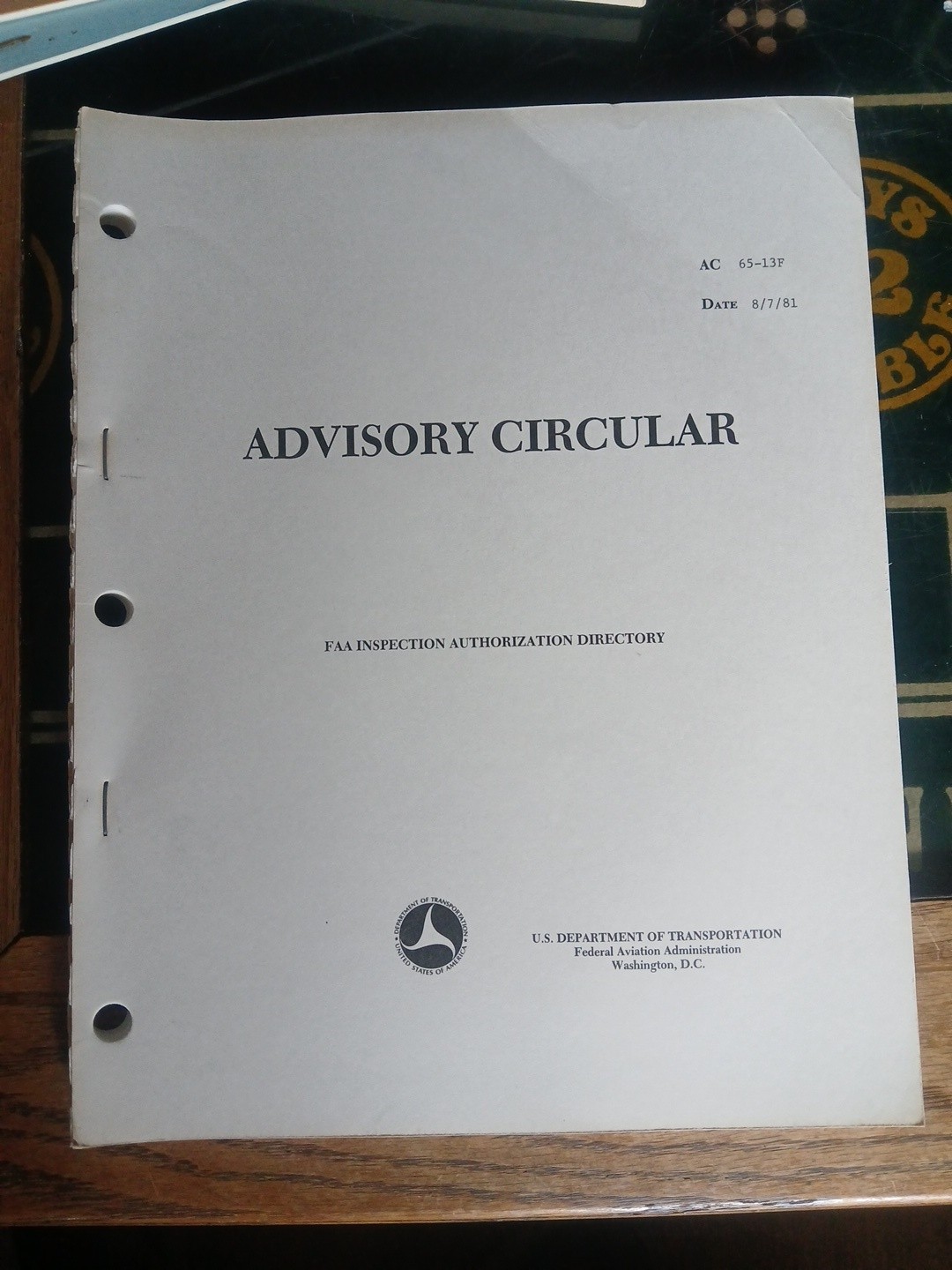 Advisory Circular FAA INSPECTION AUTHORIZATION DIRECTORY 1981 Booklet  (R)
