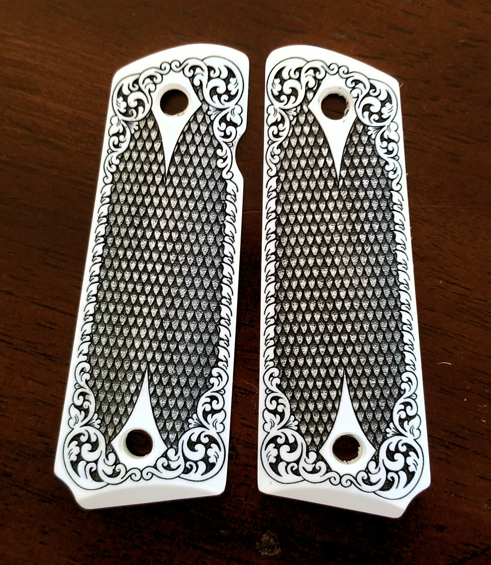 Colt 1911 full size custom engraved faux ivory grips Scroll Diamonds Checkered Colt 1911 full size custom engraved faux ivory grips Scroll Diamonds Checkered