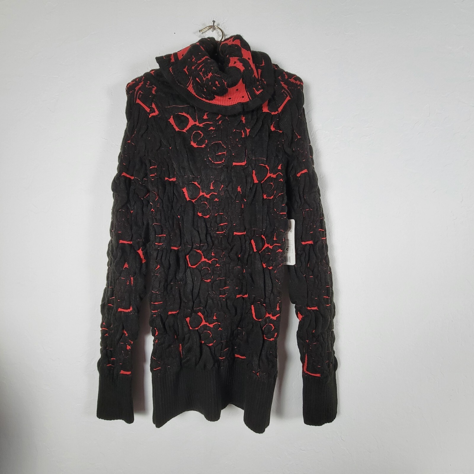 Desigual Turtleneck Sweater Tunic Medium Black Red Stretchy Knit Ribbed New