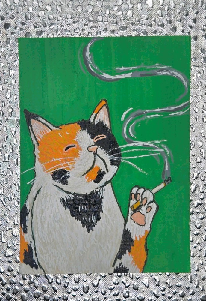 Aceo Original Art. Smoking Cat 2, Cute Animal Painting by LimeShell