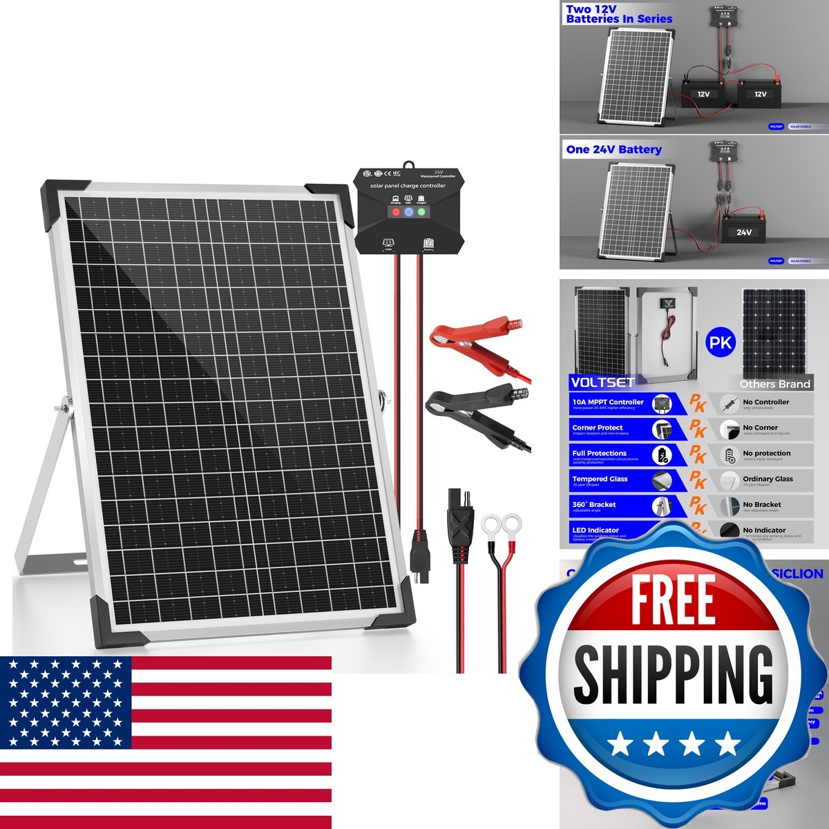 Voltset 30W 24V Solar Panel Battery Charger Kit Charger Controller VS-24V-30W