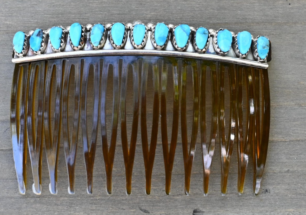 New Navajo by D Benally Hair comb beret Sterling & 13 Blue Turquoise  3 inch