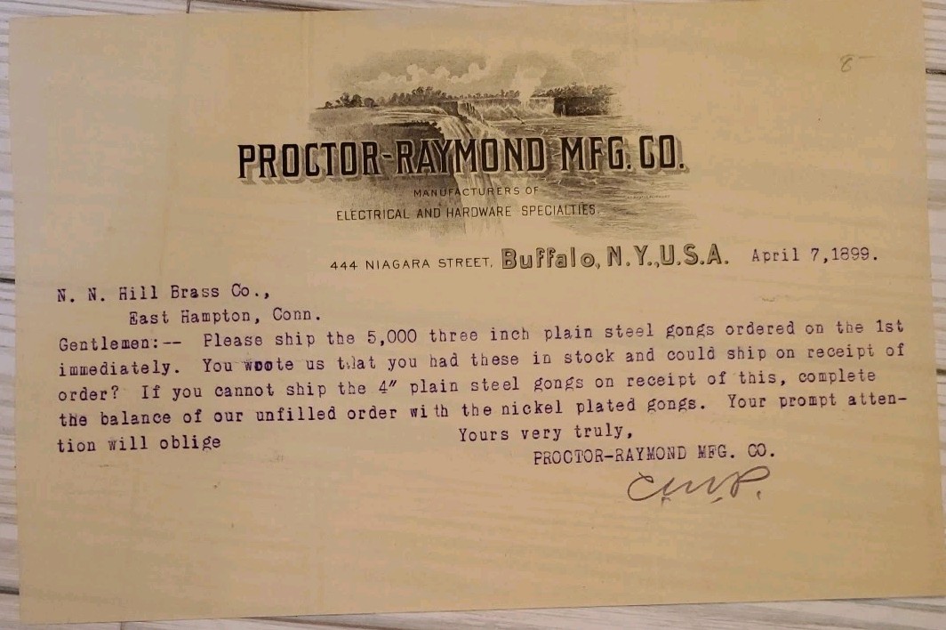 1899 Proctor-Raymond Mfg Co Billhead Receipt Letter Buffalo NY 5000 Steel Gongs