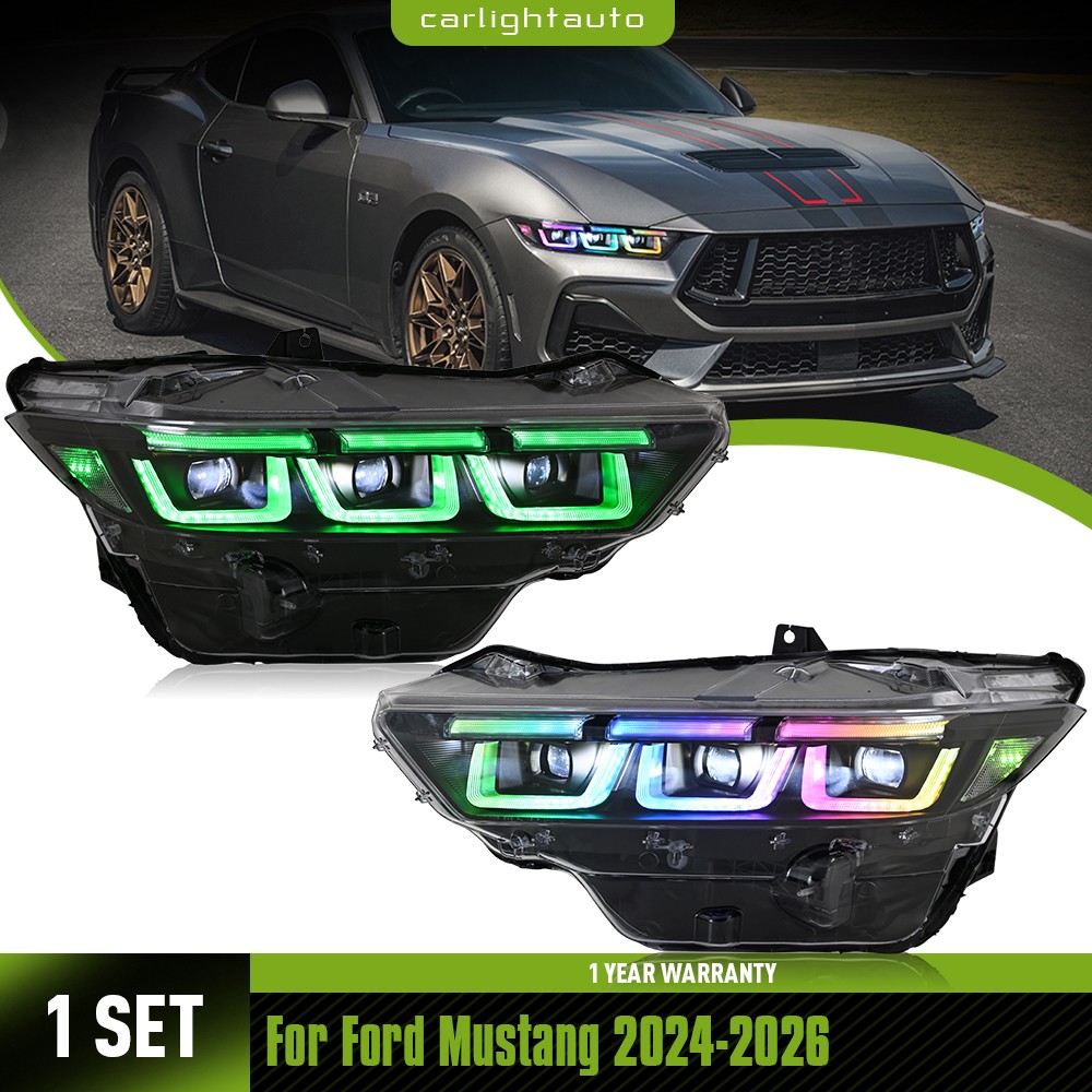 Pair RGB LED Headlights For Ford Mustang 2024-2026 Rainbow Head Lamps Assembly