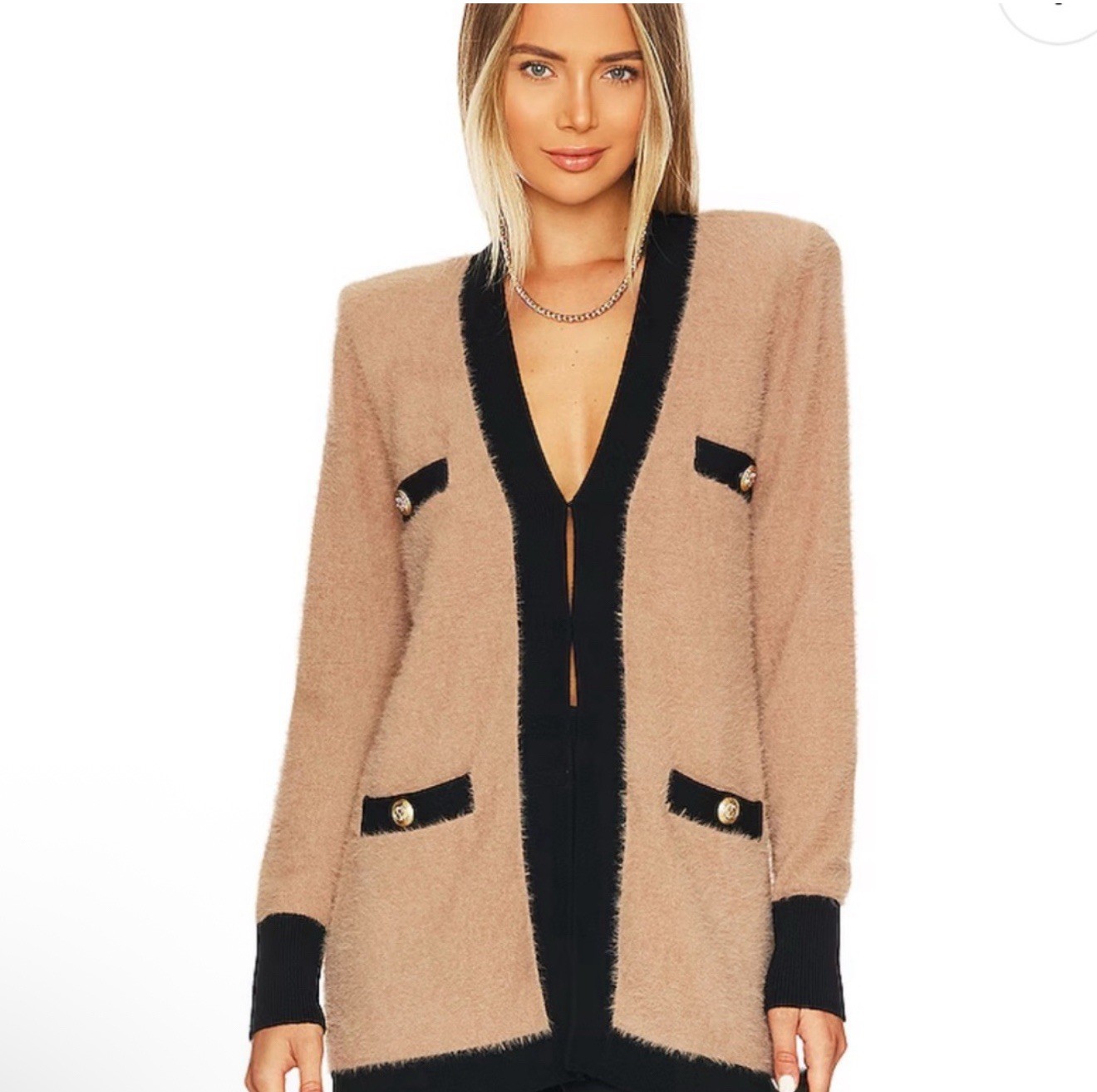 L’AGENCE Elin Four Pocket Fuzzy Camel Black Eyelash Knit Cardigan Jacket XS L’AGENCE Elin Four Pocket Fuzzy Camel Black Eyelash Knit Cardigan Jacket XS