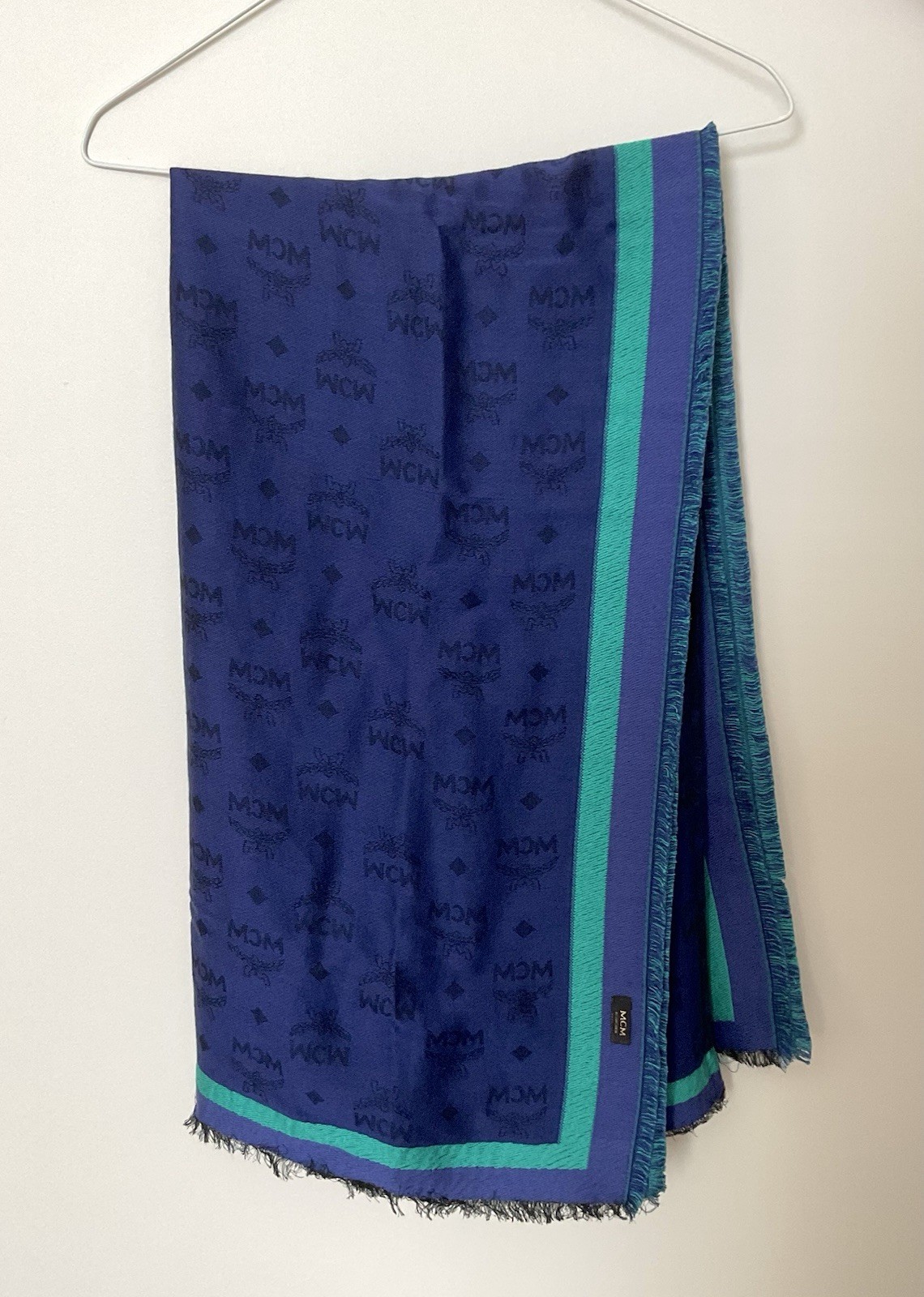 MCM Women\'s Logo Monogram Blue & Green Square Scarf with Fringe Accents