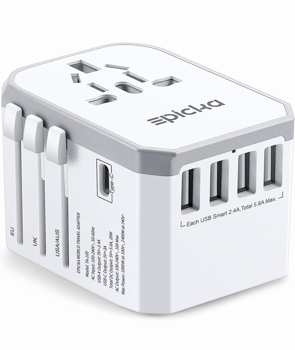 EPICKA Universal Travel Adapter USB C 4 USB A International Plug TA-105 Grey
