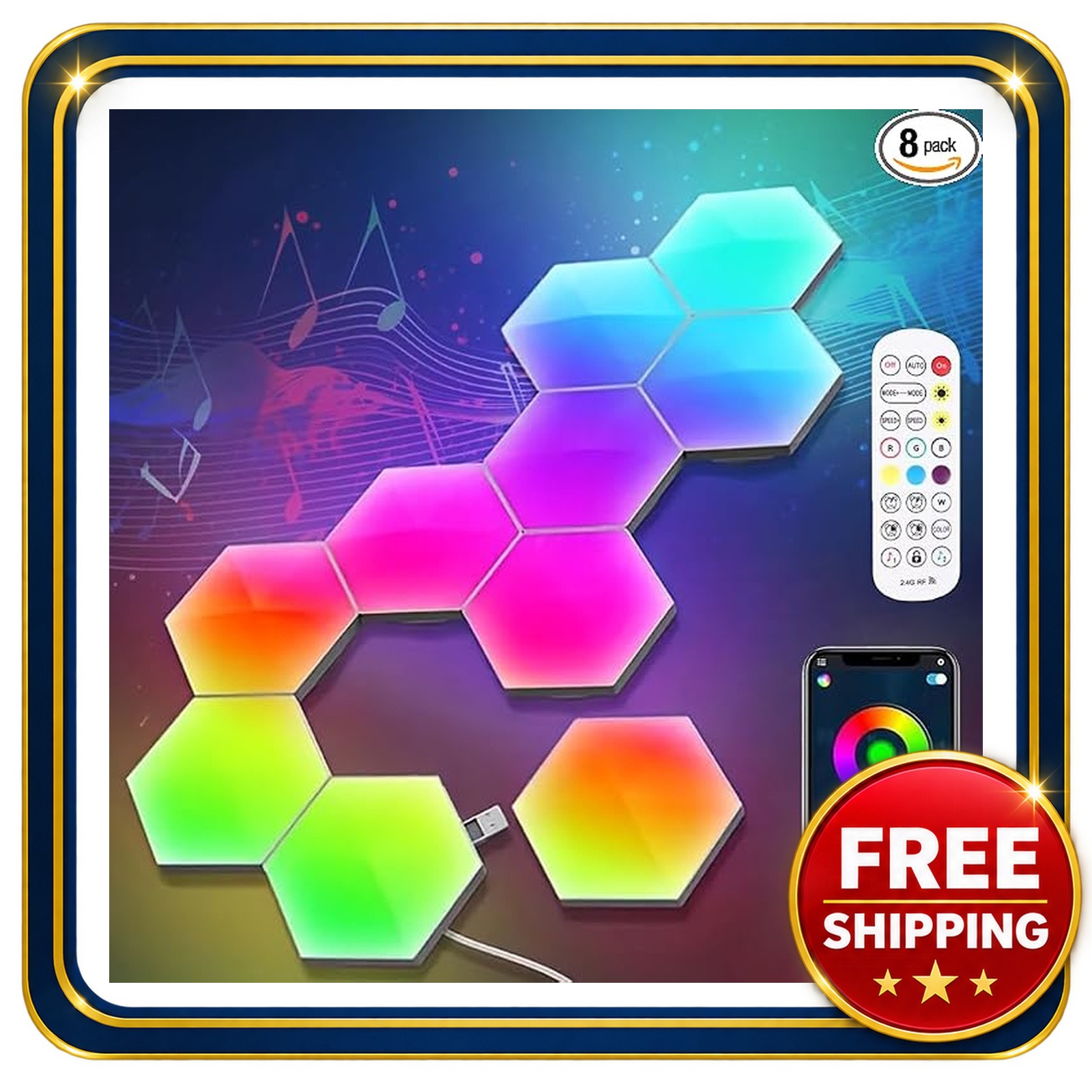 Hexagon LED Wall Lights 8 Pack RGB App Remote Control Decor