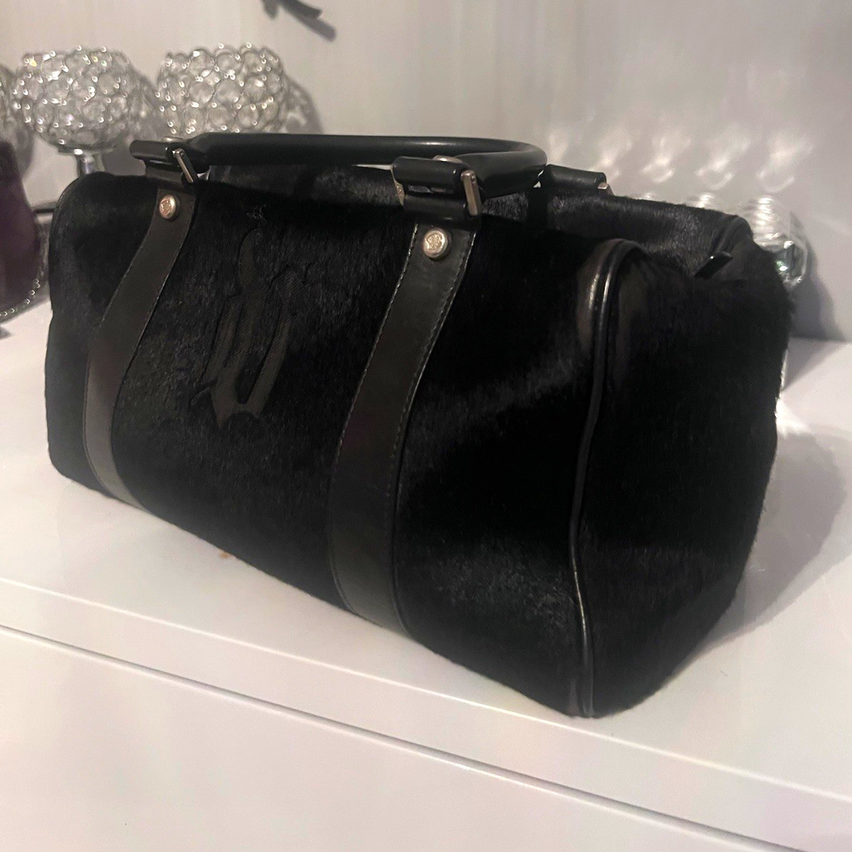 Gianni Versace Fur Black Satchel Top Handle Bag Zip Closure Red Greek Key Lining Gianni Versace Fur Black Satchel Top Handle Bag Zip Closure Red Greek Key Lining