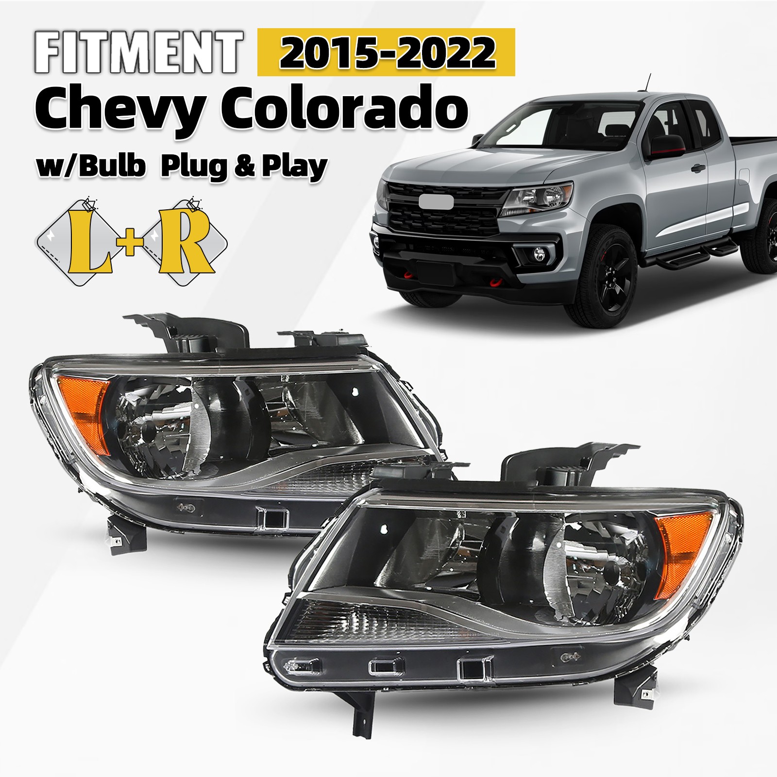 For 2015-2022 Chevy Colorado Base/LT/WT Halogen Headlight w/Bulb Left+Right Pair