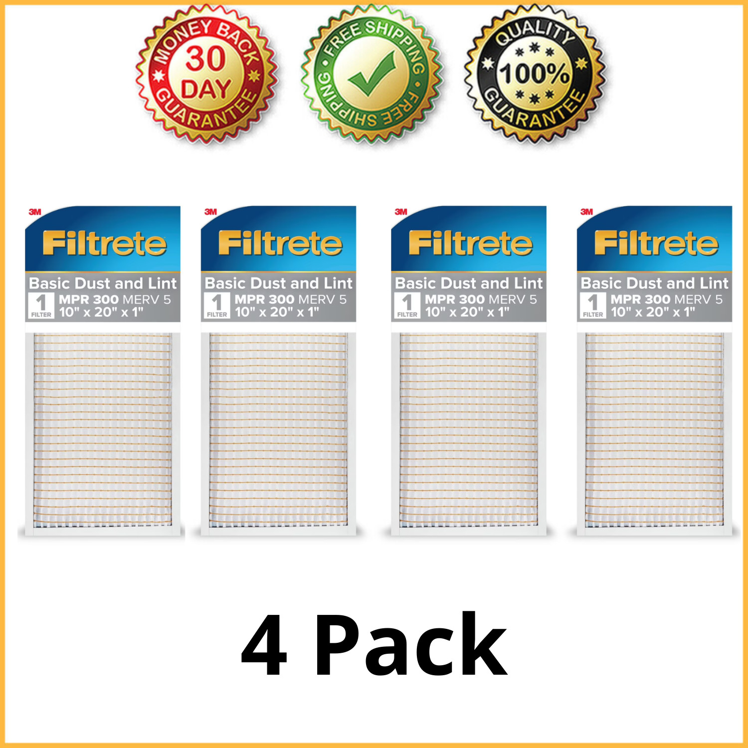 (4 Pack) Filtrete 10x20x1 Air Filter, MPR 300 MERV 5, Dust Reduction, 1 Filter