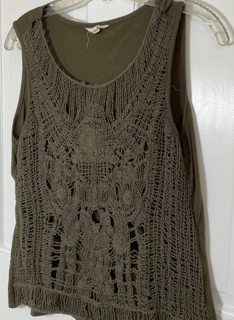 ADIVA TOP SLEEVELESS TOP SIZE L GREEN  CROCHET SCOOP COTTON POLYESTER NEW