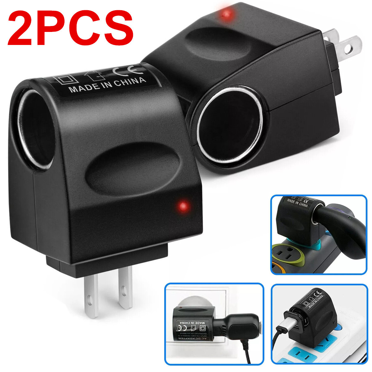 2Pcs 100-240V AC To 12V DC Car Cigarette Lighter Socket Power Adapter Converter