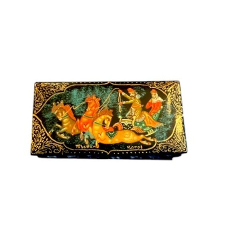Vintage Palekh Russian Lacquer Miniature Box Troika Signed Kotov 3\