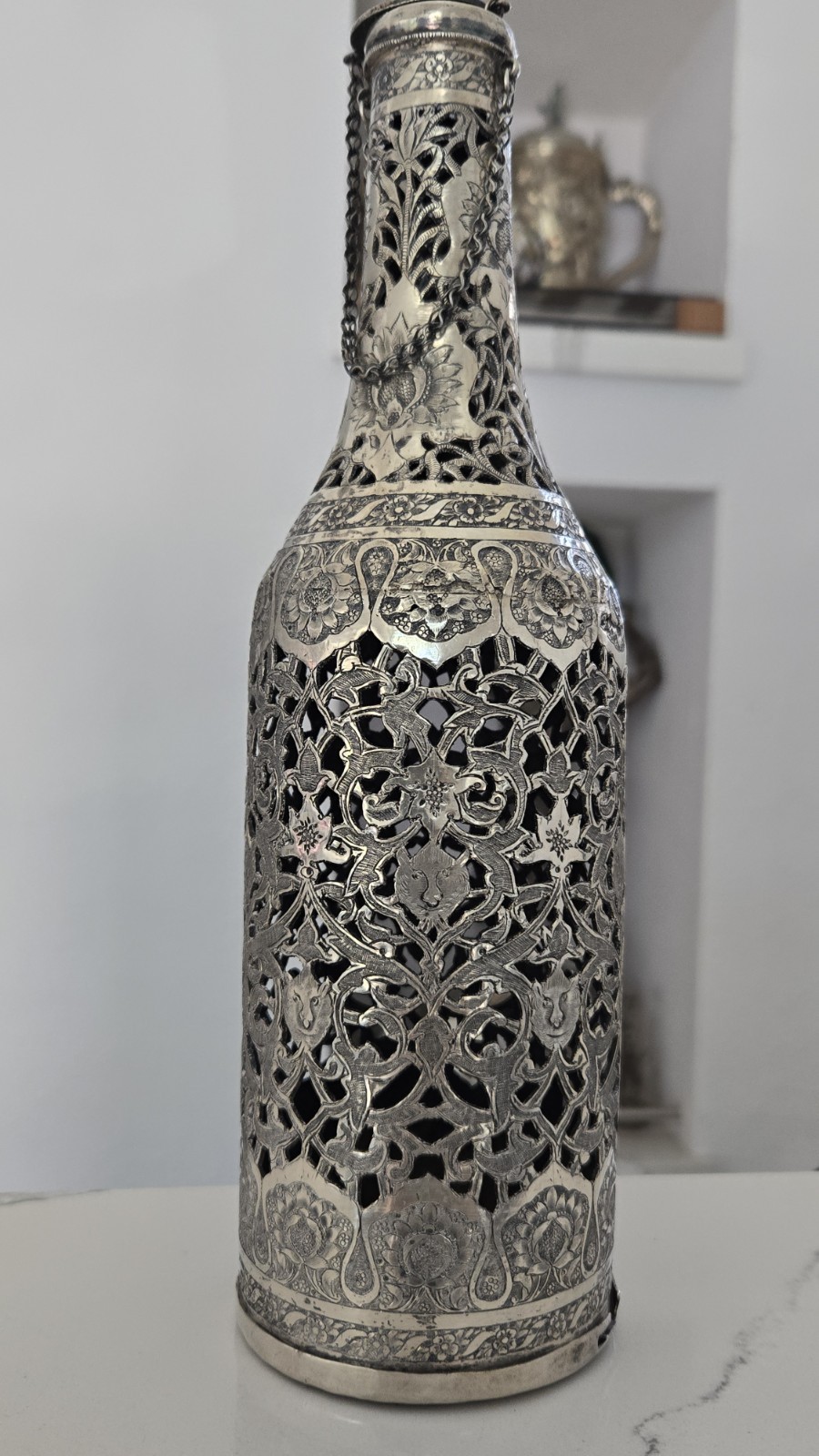 EXCEPTIONAL ANTIQUE PERSHIAN QAJAR SILVER BOTTLE DECANTER OPEN WORK 