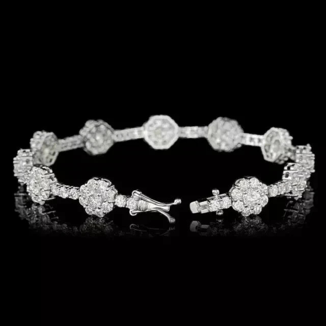 Gorgeous 8Ct Simulated Diamond Flower Tennis Link Bracelet 14K White Gold Plated