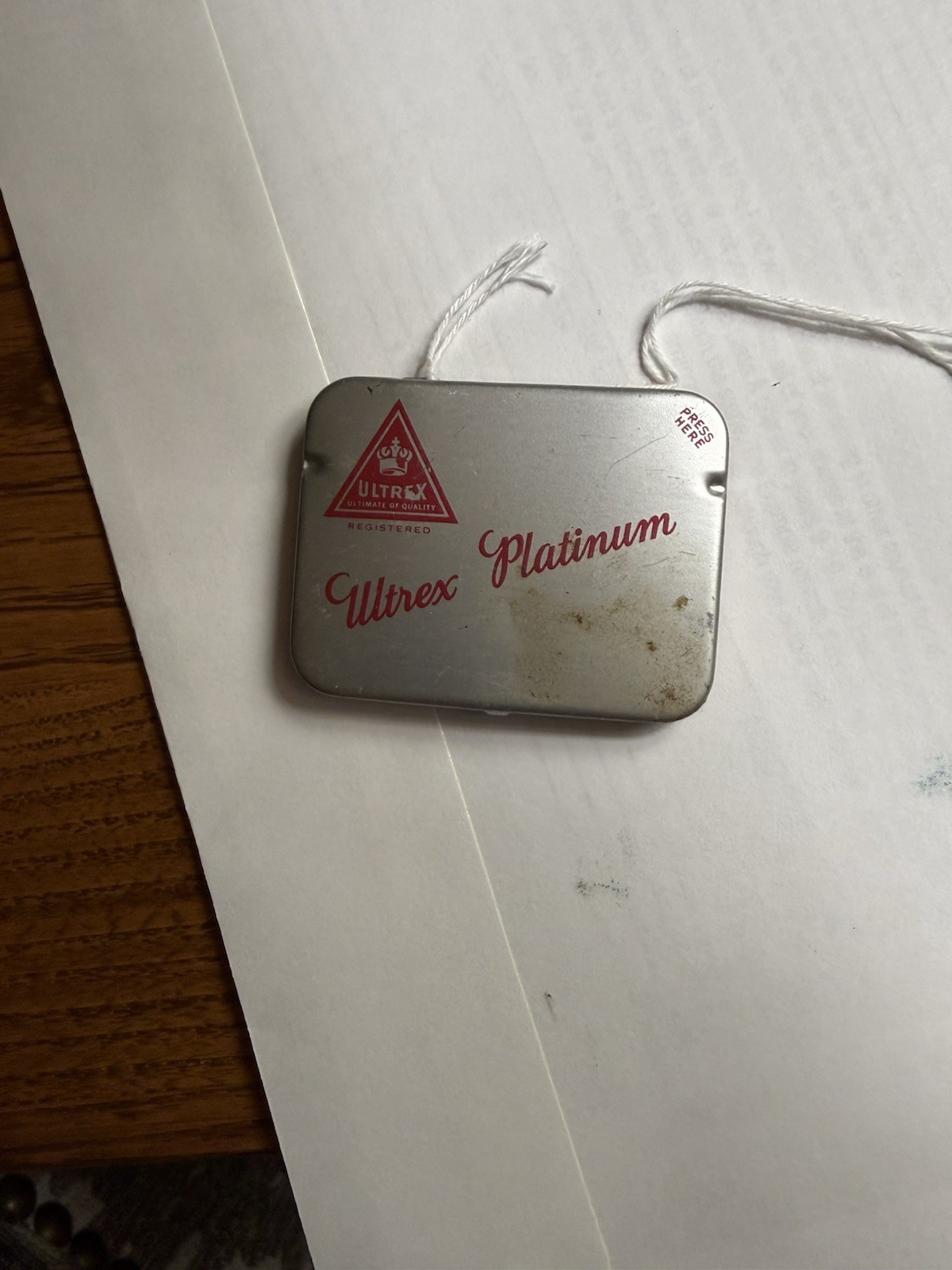 1950s Vintage Full ULTREX PLATINUM Metal Tin 3 Rubber Prophylactic Condoms