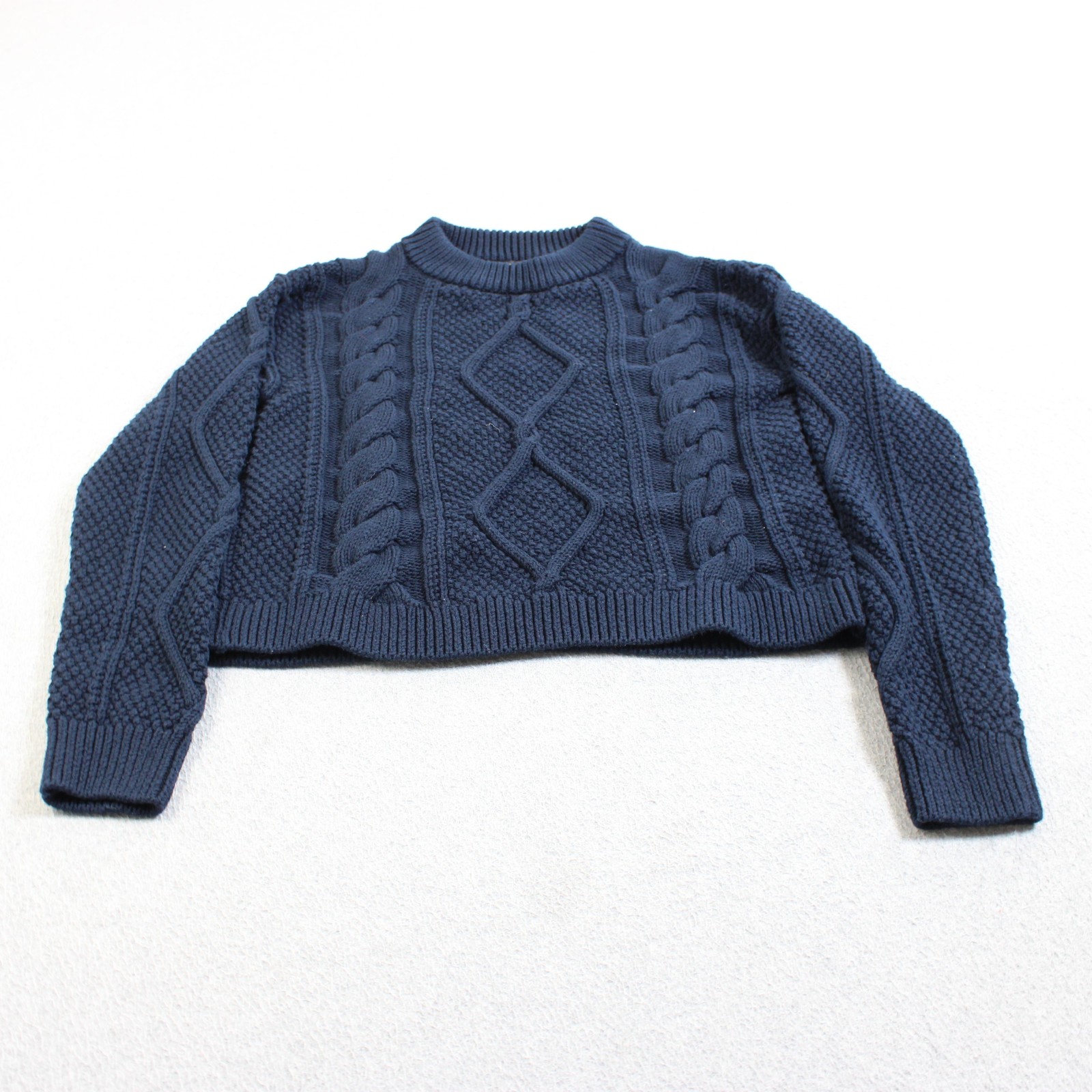 Quince Sweater Women XS Blue Cable Knit Organic Cotton Cropped Cozy Chunky Comfy