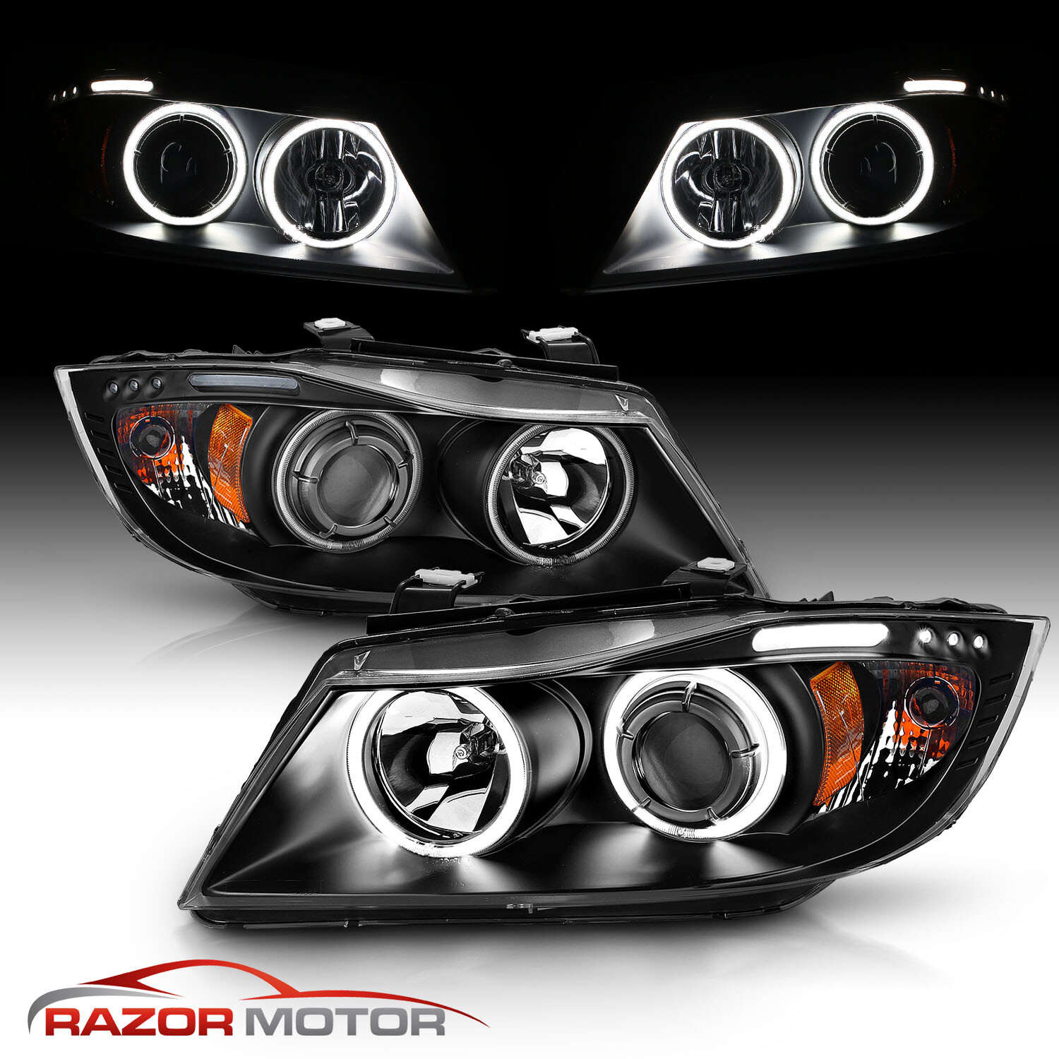 2006-2008 BMW 3-Series E90 E91 Sedan Wegon LED Halos Black Projector Headlights