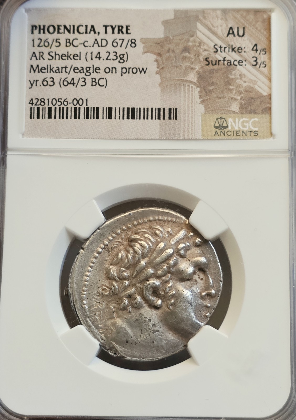Phoenicia Tyre Shekel NGC AU Ancient Silver Coin 64/3 BC