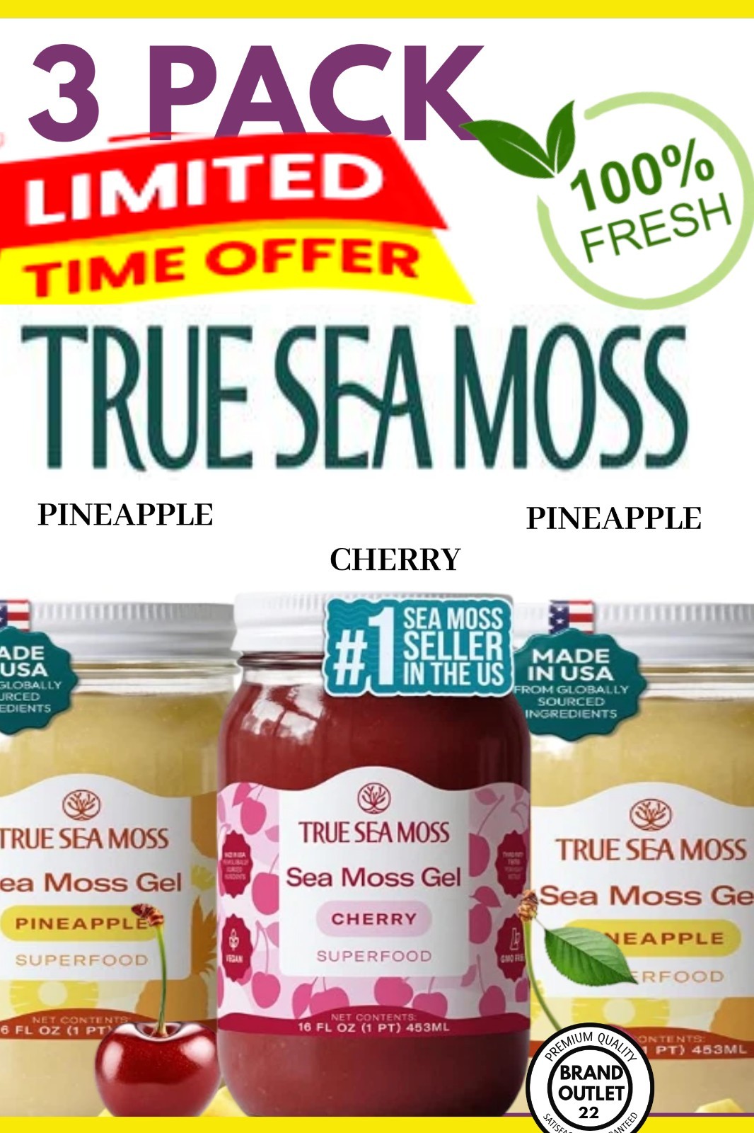 Combo 3 Pack - True SeaMoss Gel-  (1) Cherry and (2) Pineapple  16 oz Jars