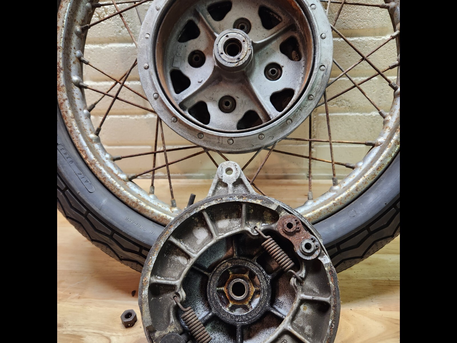 1961 Honda CB92 rear hub, final drive flange, rear brake plate
