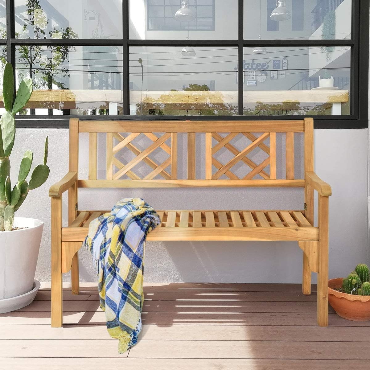 Moccha 4 Ft Outdoor Patio Foldable Bench Two Person Solid Wood Acacia Wood Bench