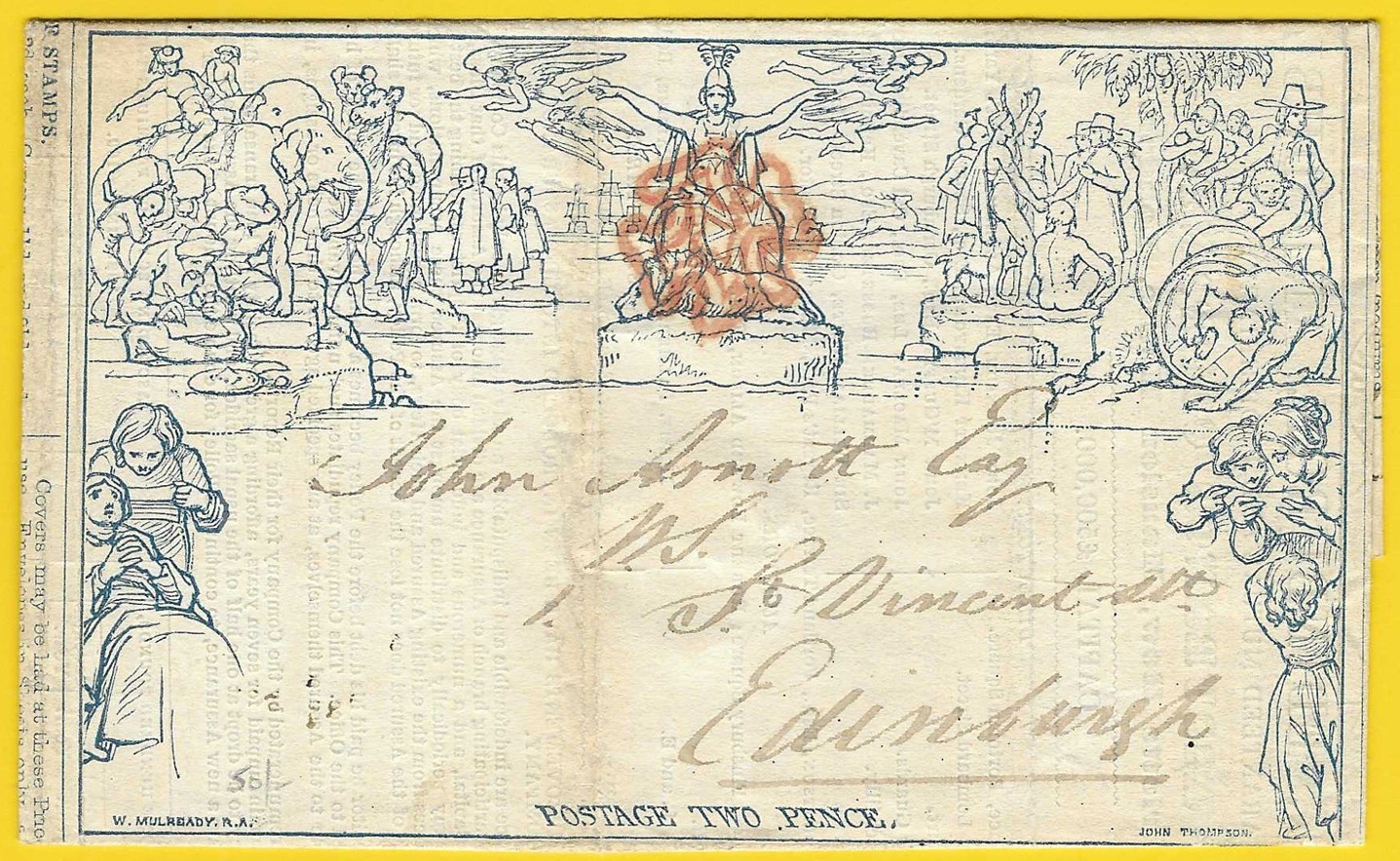 1840 Great Britain, Blue MULREADY Letter Sheet Used to Edinburgh, Maltese Cross