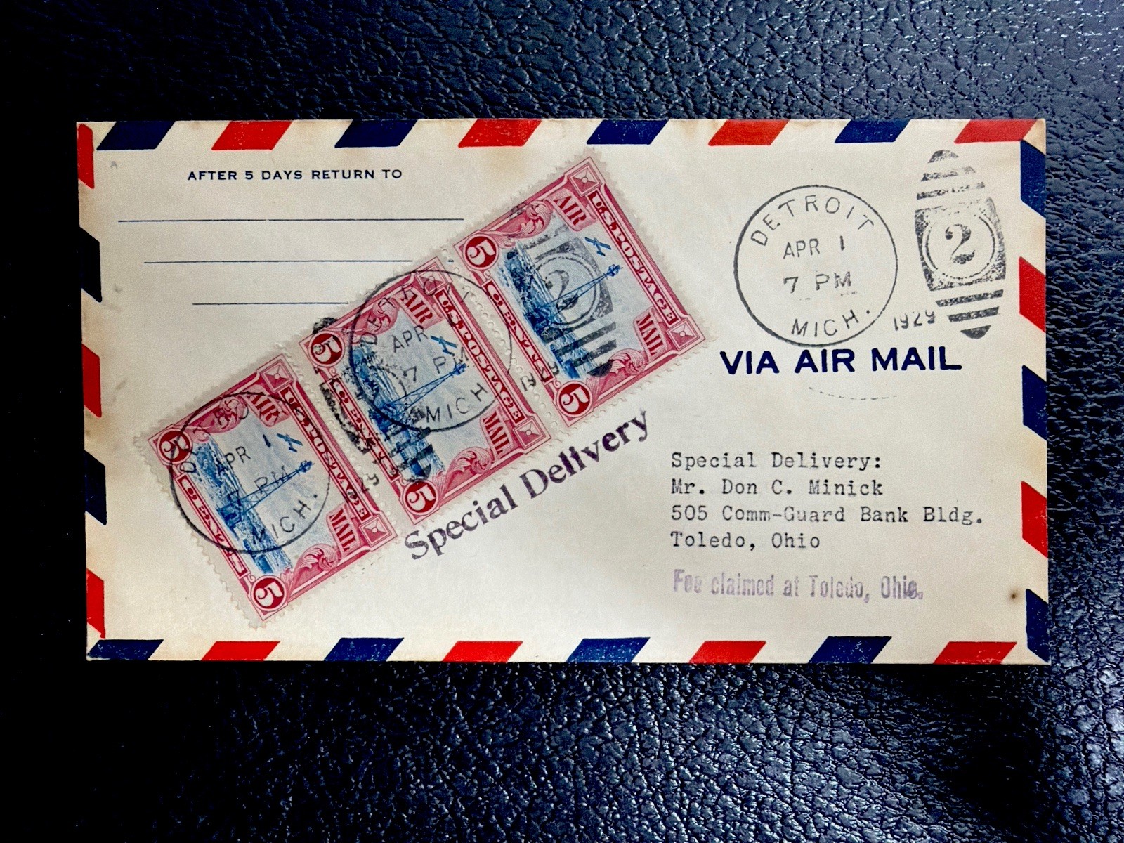 Vintage 1929 Air Mail Special Delivery Cover Detroit to Toledo 5c Beacon Stamps