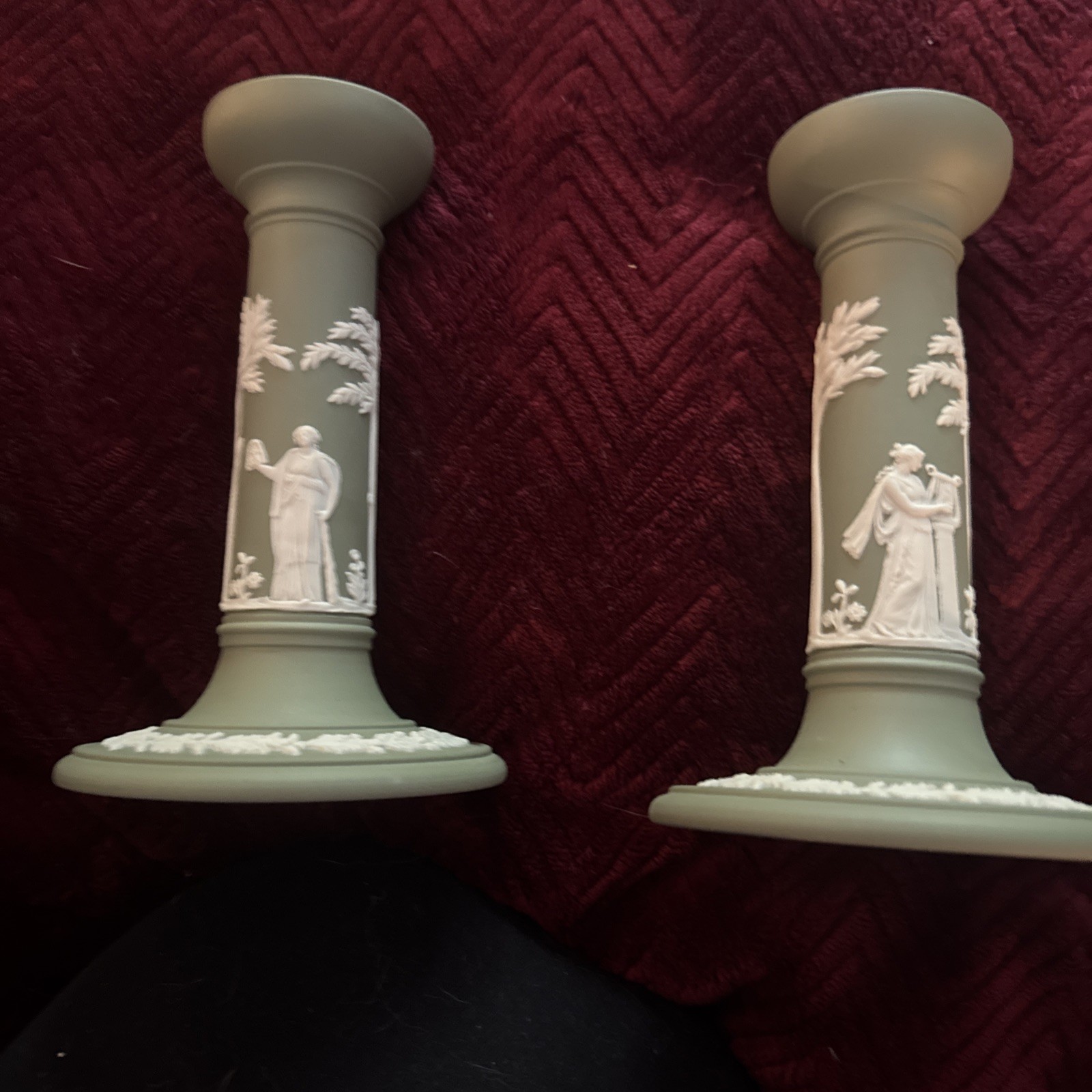 Wedgwood Jasperware Sage Green Candlesticks Set of 2 - Excellent Condition