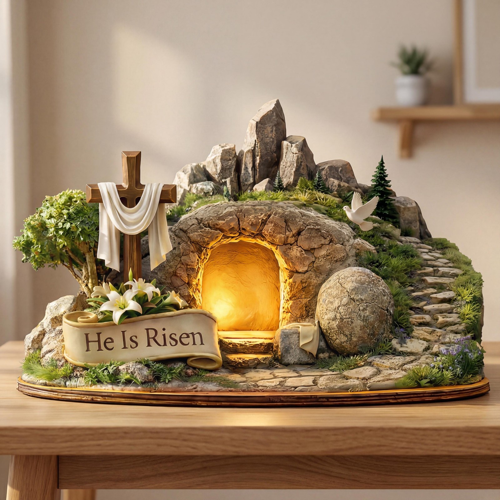 Empty Tomb Resurrection Scene – He Is Risen Christian Easter Display