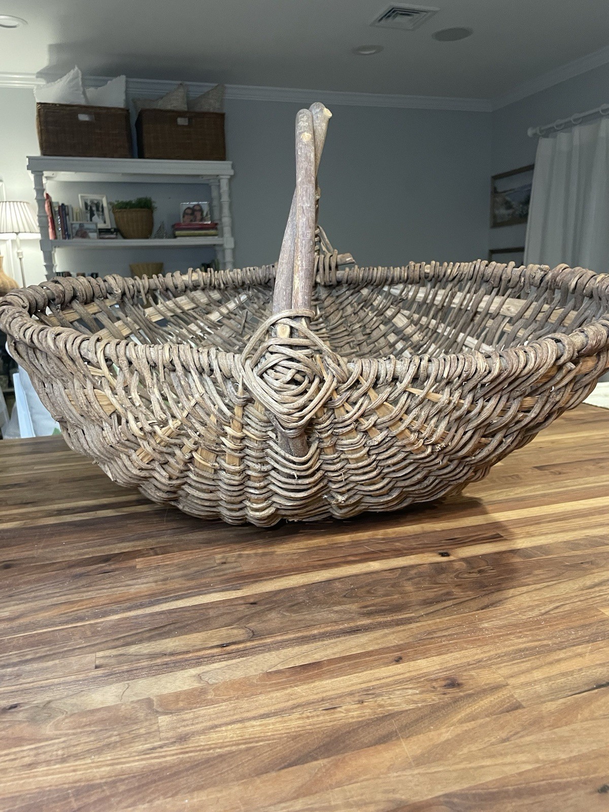 French Country Rustic Primitive Hand Woven Wicker Rattan Gathering Basket  