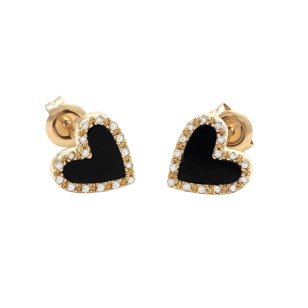 Solid Real Yellow Gold Heart-Shaped Onyx and Bezel Diamond Earrings 9x9mm