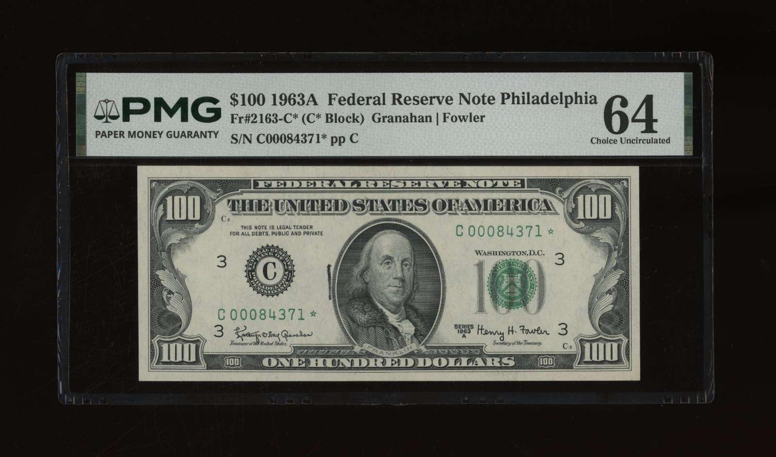 DBR 1963-A $100 FRN Philadelphia STAR Fr. 2163-C* PMG 64 Serial C00084371*