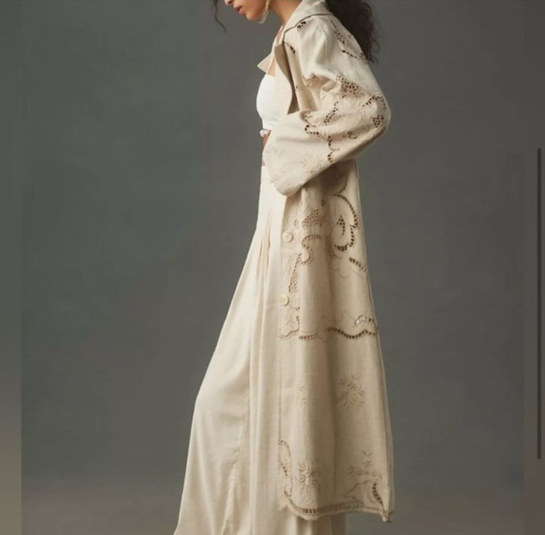 Avec Les Filles Women’s Beige Floral Linen Belted Long Trench Coat Size S