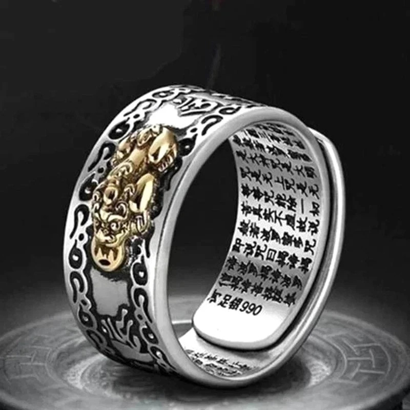 Feng Shui Pixiu Adjustable Ring Buddhist Mantra Attract Wealth Lucky Ring Charm