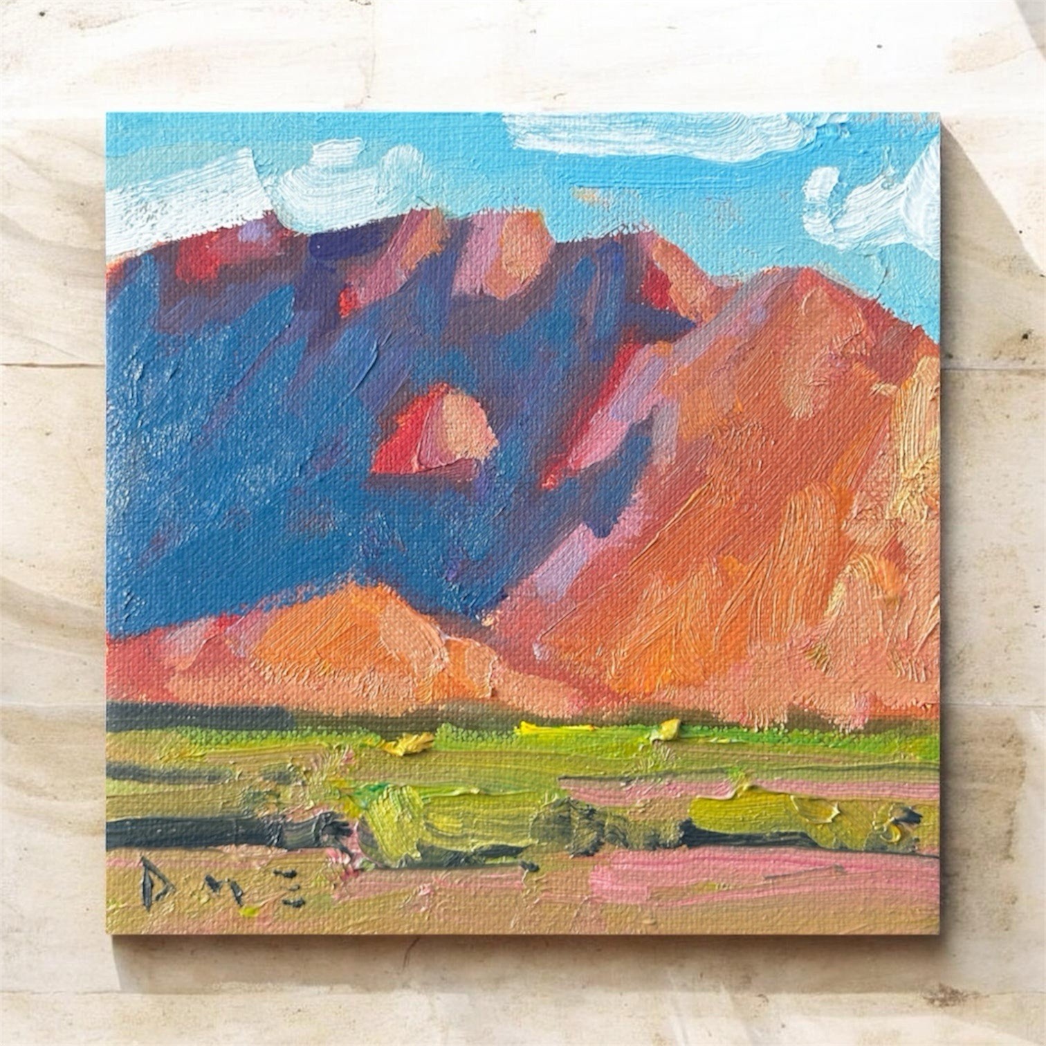 Original Landscape Painting Mountain Clouds Impressionistic Signed Art Gift 6x6